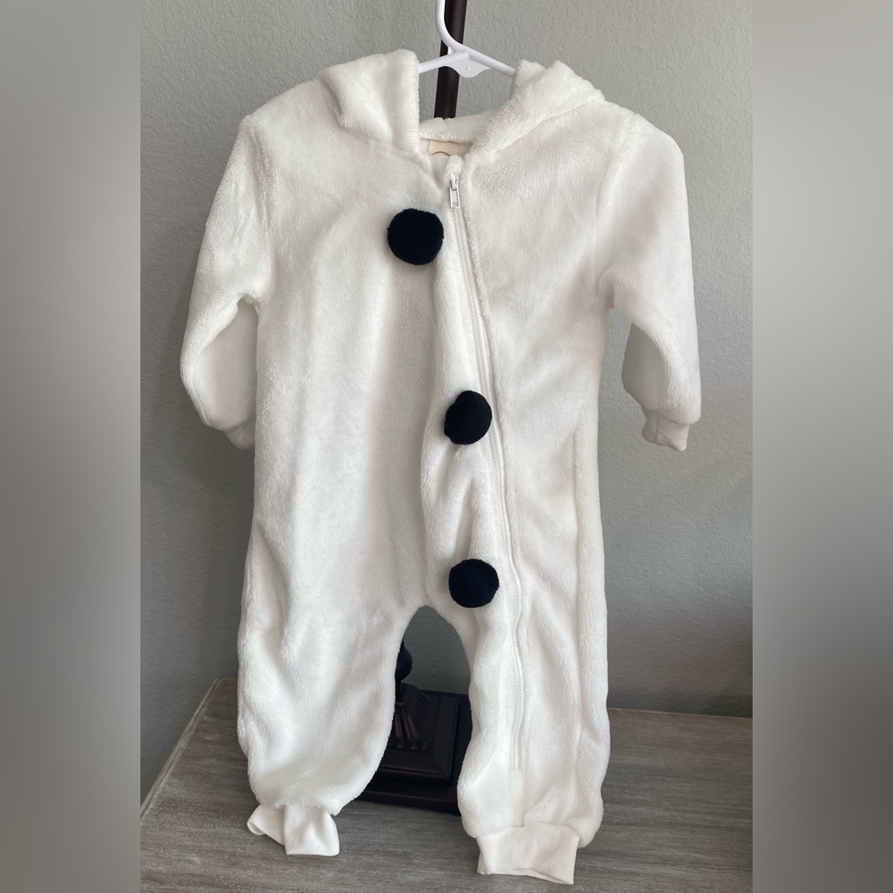 Snowman White Soft Winter One-Piece Long Sleeve Zip Hooded Warm Snowsuit 6-12 M